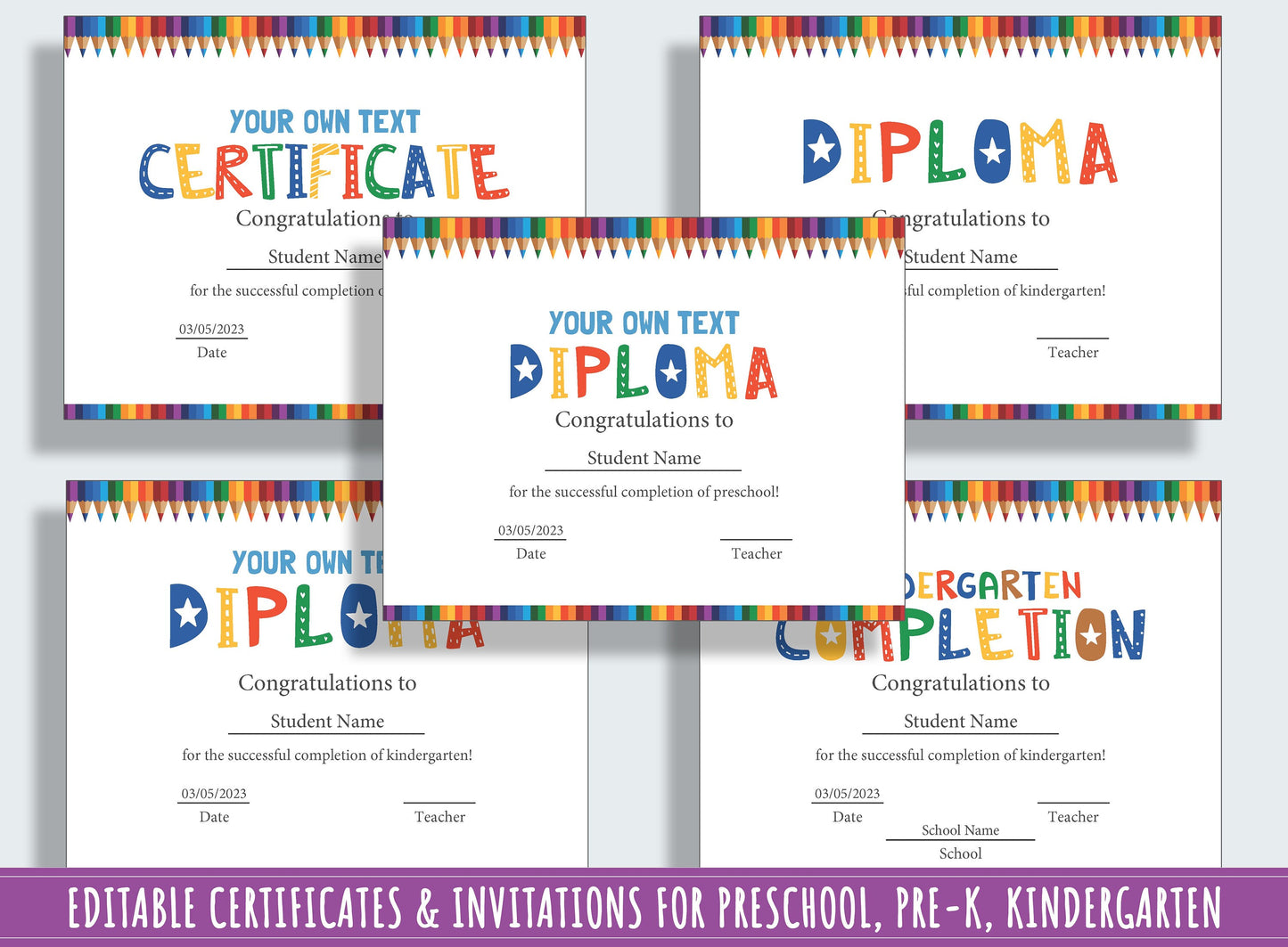 Preschool and Kindergarten Diploma, Certificate, and Invitation Templates - 37 Editable Pages, PDF File, Instant Download
