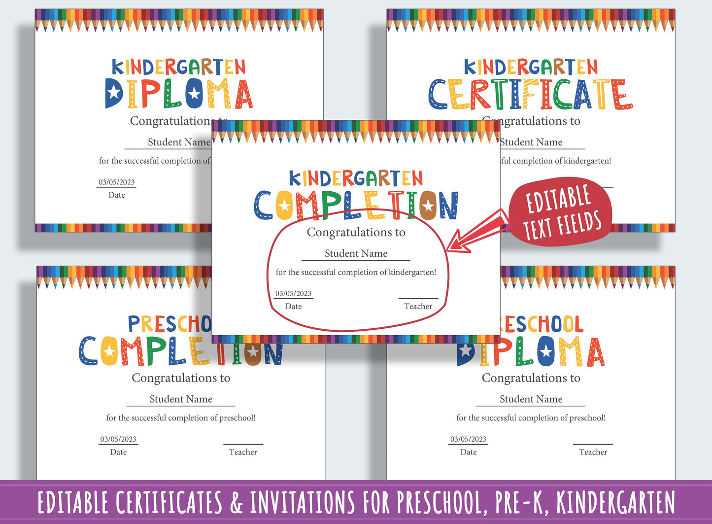 Preschool and Kindergarten Diploma, Certificate, and Invitation Templates - 37 Editable Pages, PDF File, Instant Download