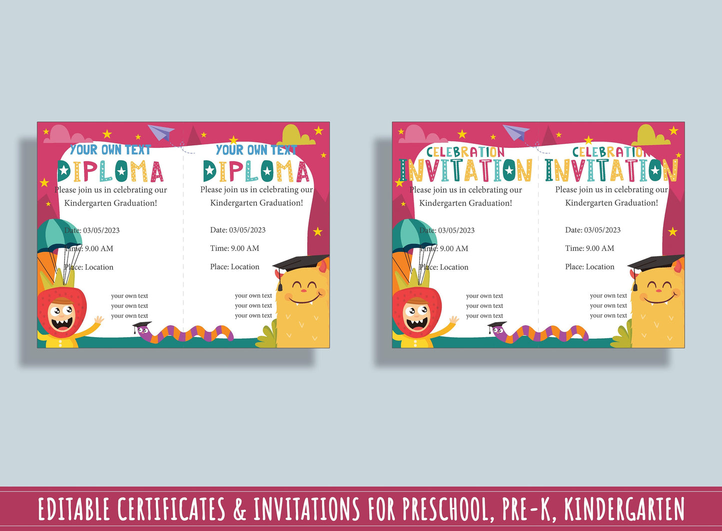Colorful Pre-K Diploma, Certificate, and Invitation Templates - 37 Editable Pages, PDF File, Instant Download