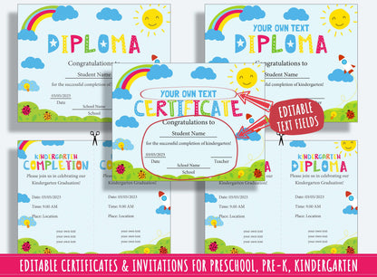 Kindergarten Milestones: Editable Completion Certificates, Diplomas, and Invitations - 37 Pages, PDF File, Instant Download