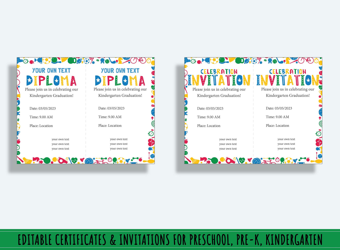 Customizable Sports Diplomas, Certificates, and Invitations for Preschool and Kindergarten Graduations - 37 Pages, PDF File Instant Download