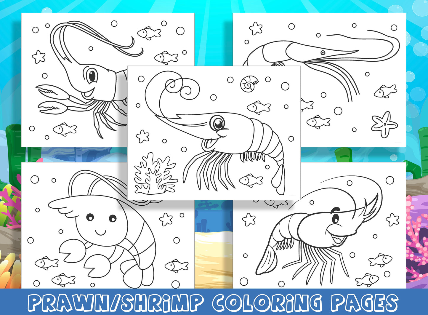 Ocean Delights: Prawn and Shrimp Coloring Adventures - 15 Pages of Fun for Preschool and Kindergarten, PDF File, Instant Download