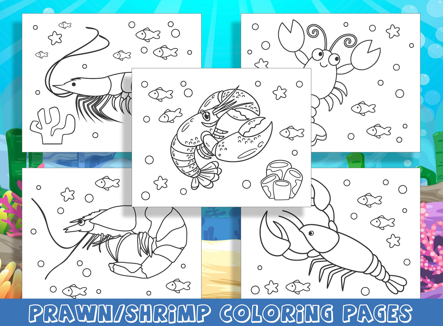 Ocean Delights: Prawn and Shrimp Coloring Adventures - 15 Pages of Fun for Preschool and Kindergarten, PDF File, Instant Download