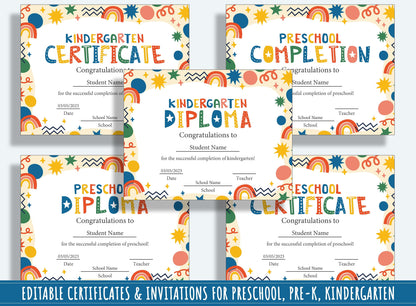 Vibrant Celebrations: 37 Pages of Colorful and Editable Diplomas, Certificates, and Invitations for PreK and K, PDF File, Instant Download