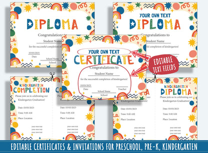 Vibrant Celebrations: 37 Pages of Colorful and Editable Diplomas, Certificates, and Invitations for PreK and K, PDF File, Instant Download