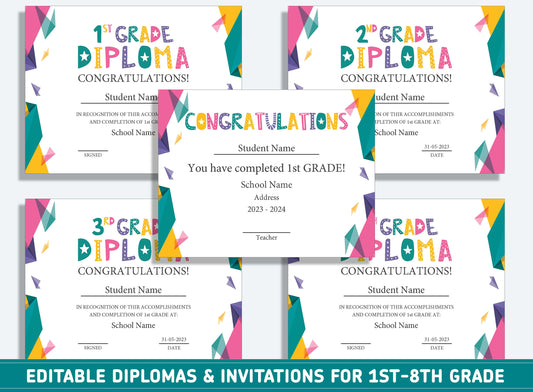 Editable First Grade, Second Grade to 8th Grade Diploma Certificate of Completion & Invitation, PDF File, Instant Download