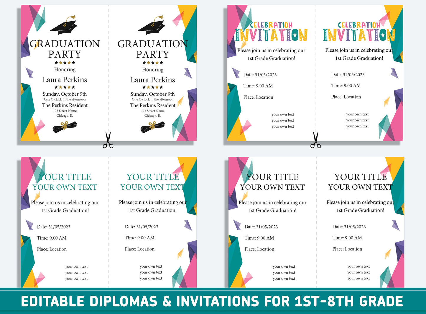 Editable First Grade, Second Grade to 8th Grade Diploma Certificate of Completion & Invitation, PDF File, Instant Download