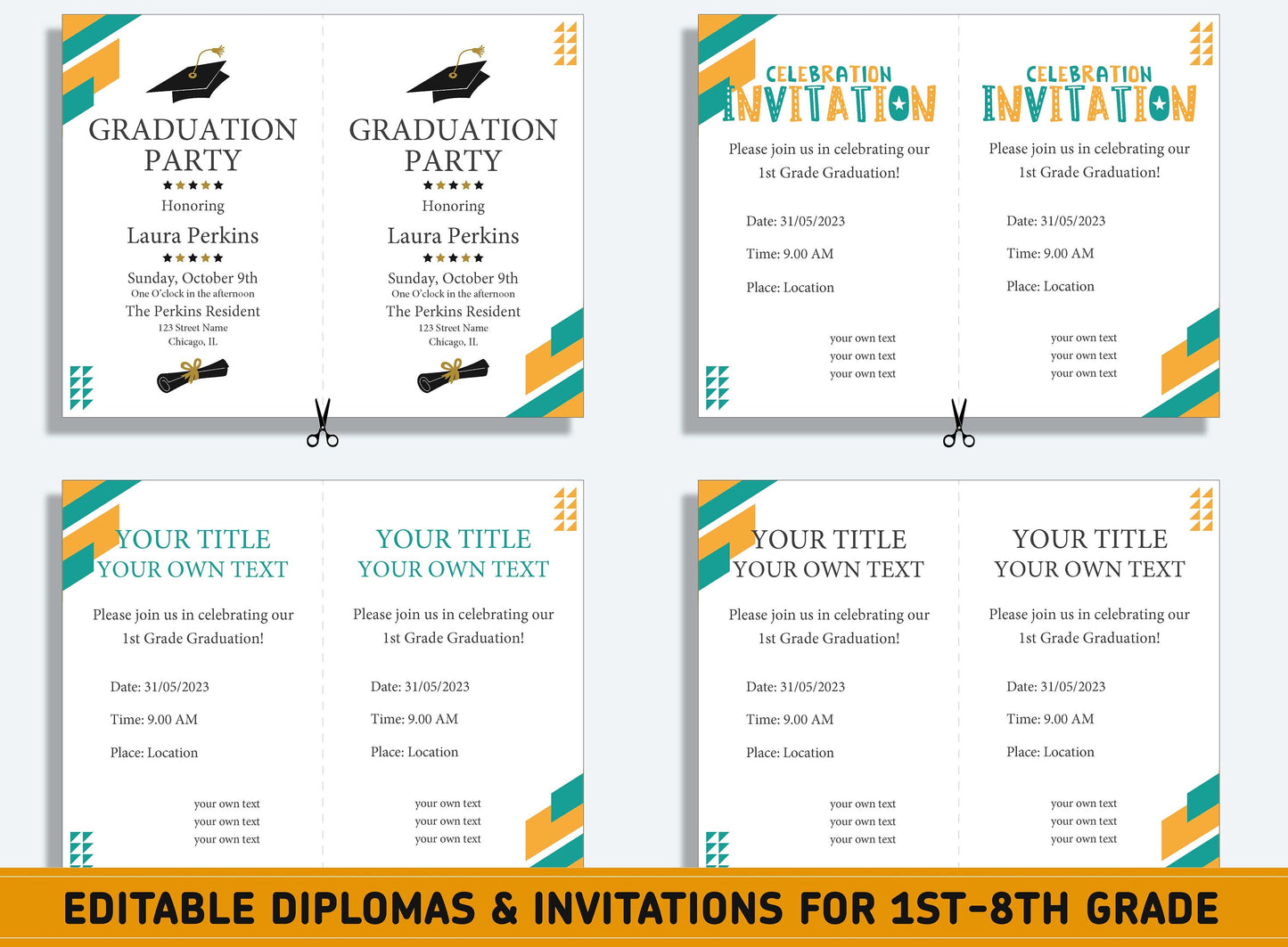 Editable First Grade, Second Grade Diploma Certificate of Completion & Invitation, PDF File, Instant Download