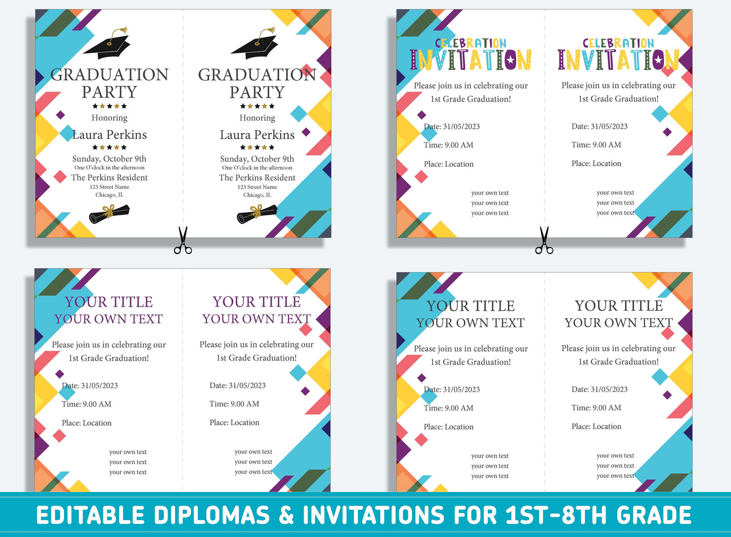 Editable 3rd Grade Diploma, 1st to 8th Grade Diploma, Certificate of Completion & Invitation, PDF File, Instant Download