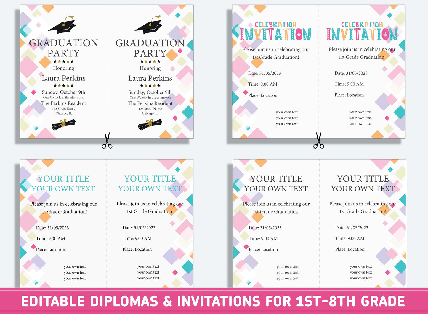 Editable 4th Grade Diploma, 1st to 8th Grade Diploma, Certificate of Completion & Invitation, PDF File, Instant Download