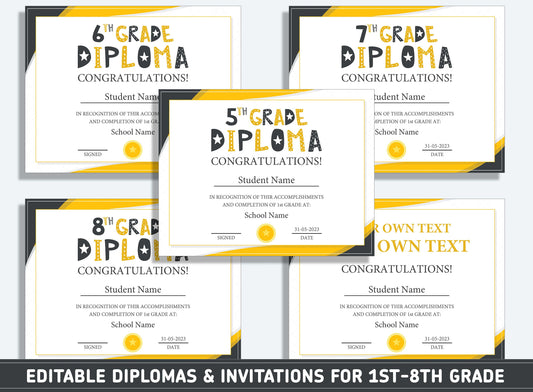 Editable Seventh Grade Diploma, 1st to 8th Grade Diploma, Certificate of Completion & Invitation, PDF File, Instant Download