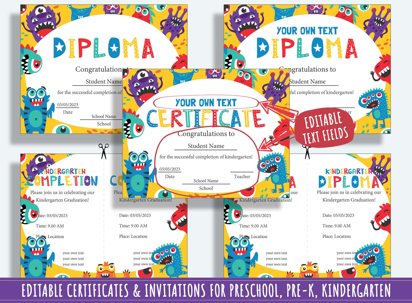 Monstrously Fun Achievements: 37 Pages of Funny Monster-themed Diplomas, Certificates, and Invitations for PreK and K, Instant Download