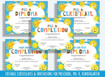 Sunny Horizons: 37 Pages of Sun-themed Diplomas, Certificates, and Invitations for PreK and K, PDF File, Instant Download