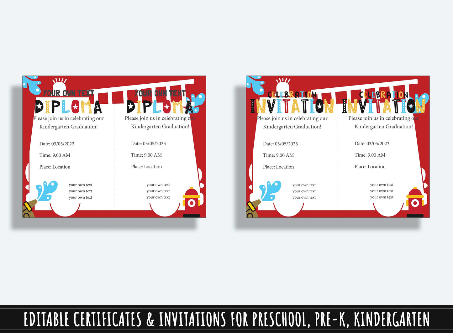 Blazing Achievements: 37 Editable Pages of Firetruck-themed Diplomas, Certificates, and Invitations for Preschool and Kindergarten, PDF File