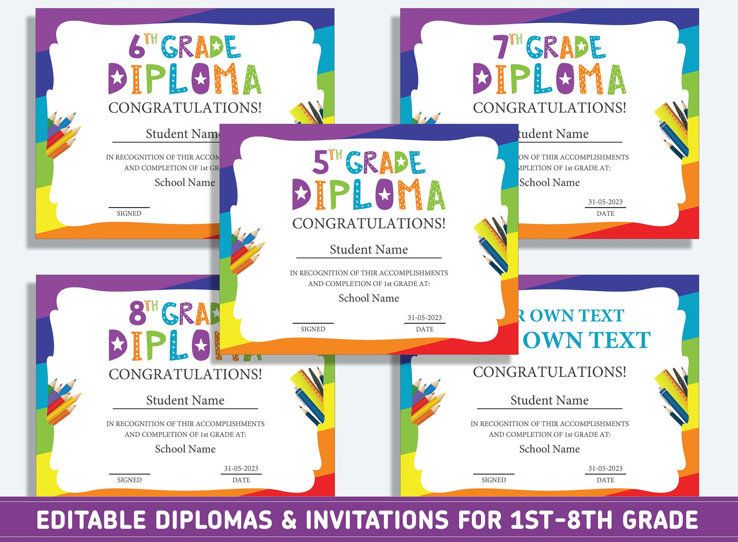 Editable Second Grade Diploma, 1st to 8th Grade Diploma, Certificate of Completion & Invitation, PDF File, Instant Download