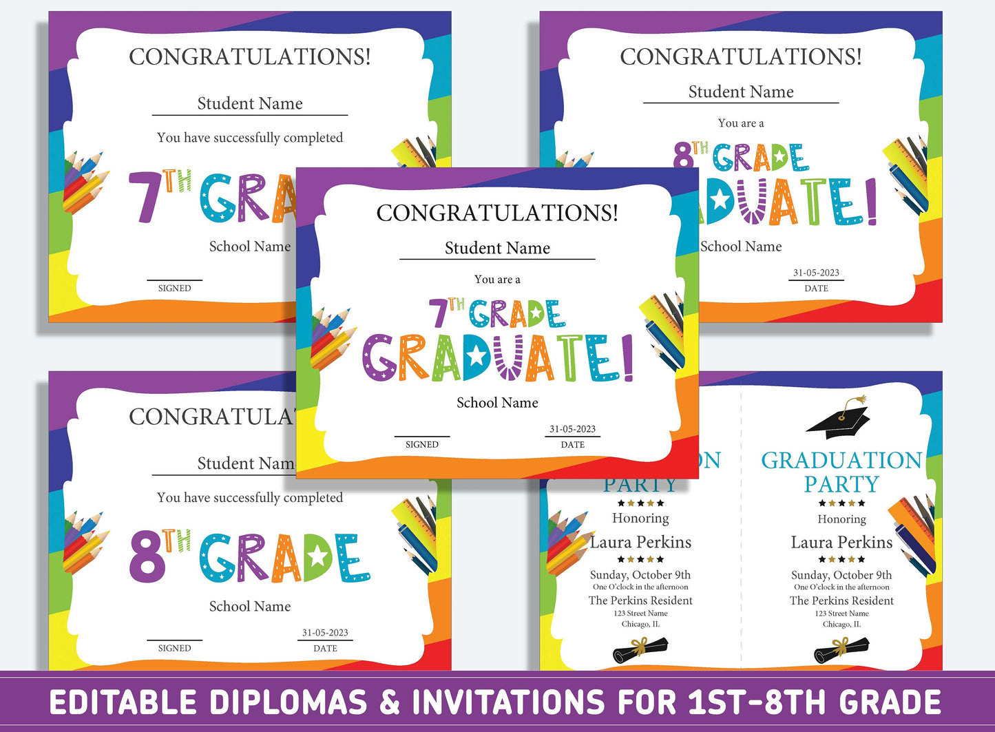Editable Second Grade Diploma, 1st to 8th Grade Diploma, Certificate of Completion & Invitation, PDF File, Instant Download
