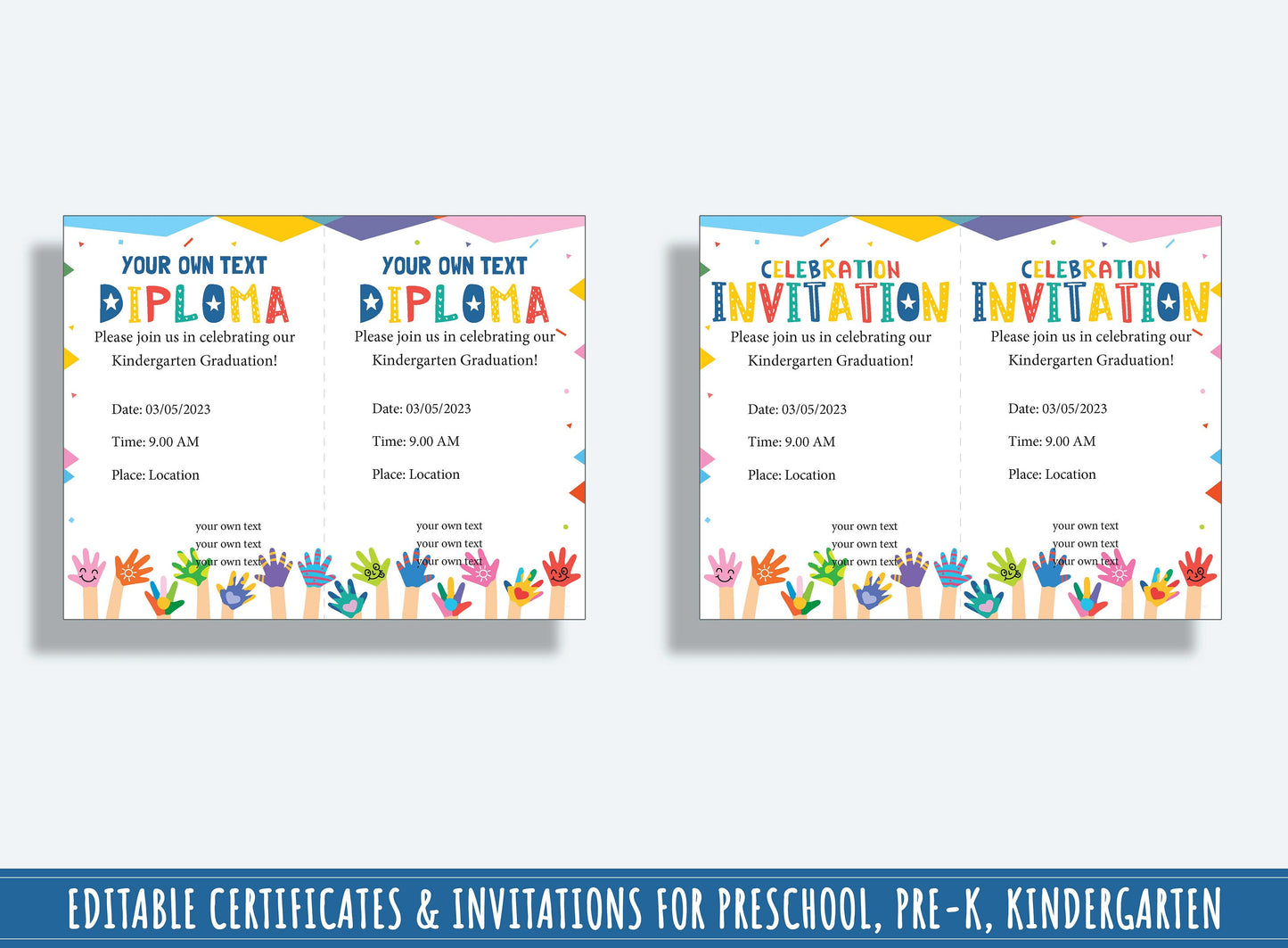 Colorful Creations: 37 Editable Pages of Painted Children Hands-themed Diplomas, Certificates, and Invitations for Preschool & Kindergarten