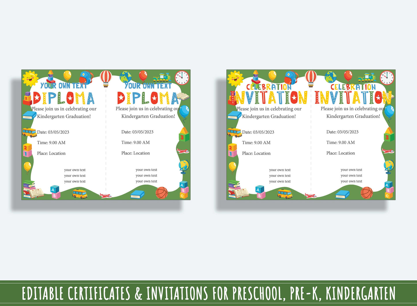 37 Editable Pages of Completions, Diplomas, Certificates, and Invitations for Preschool and Kindergarten, PDF File, Instant Download