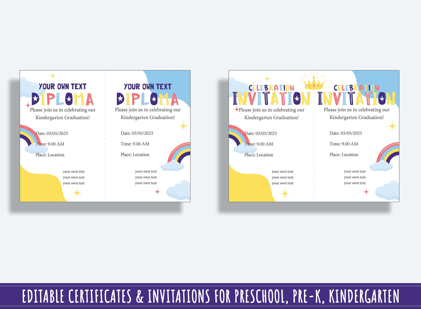 Certificate of Achievement, Editable End of Year Diplomas, Certificates, and Invitations for PreK and K, PDF File, Instant Download
