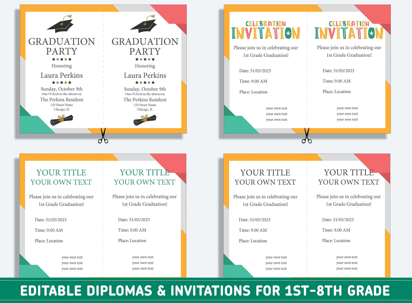 Editable 7th Grade Certificate, 1st to 8th Grade Diploma, Certificate of Completion & Invitation, PDF File, Instant Download