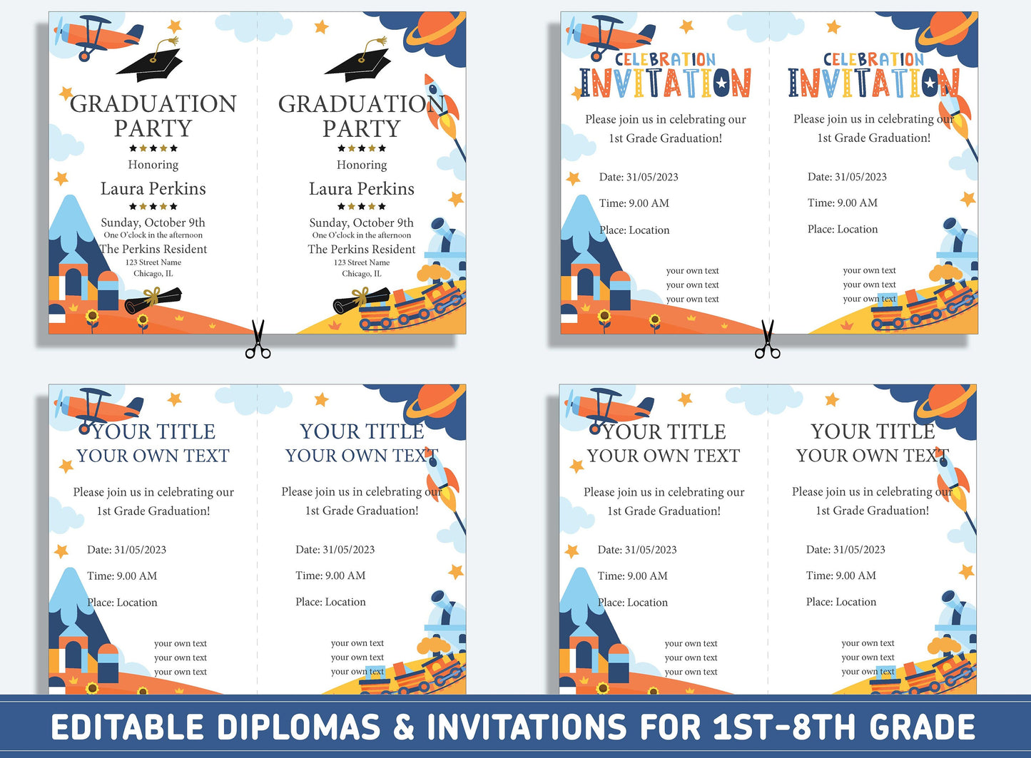 Editable 1st Grade Awards, 1st to 8th Grade Diploma, Certificate of Completion & Invitation, PDF File, Instant Download