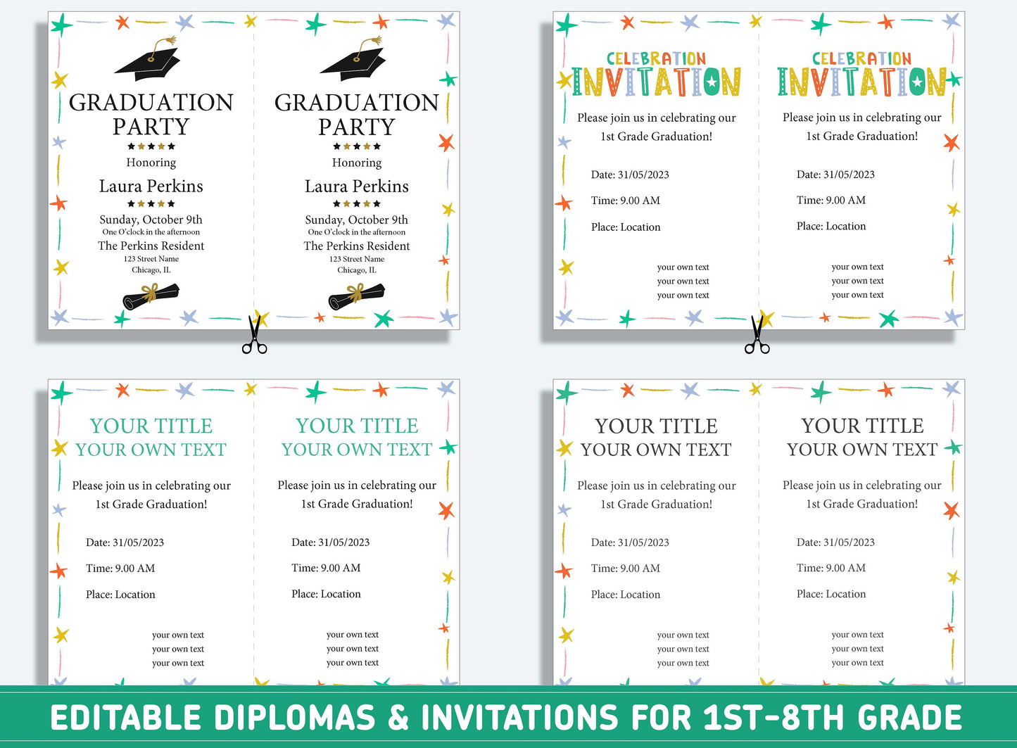 Editable 2nd Grade Awards, 1st to 8th Grade Diploma, Certificate of Completion & Invitation, PDF File, Instant Download