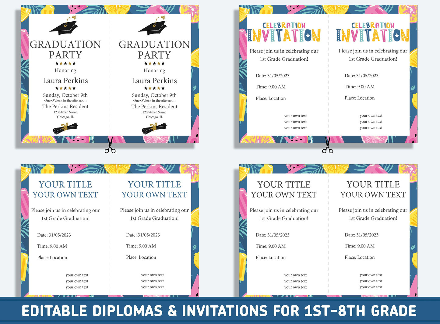 Editable 3rd Grade Awards, 1st to 8th Grade Diploma, Certificate of Completion & Invitation, PDF File, Instant Download