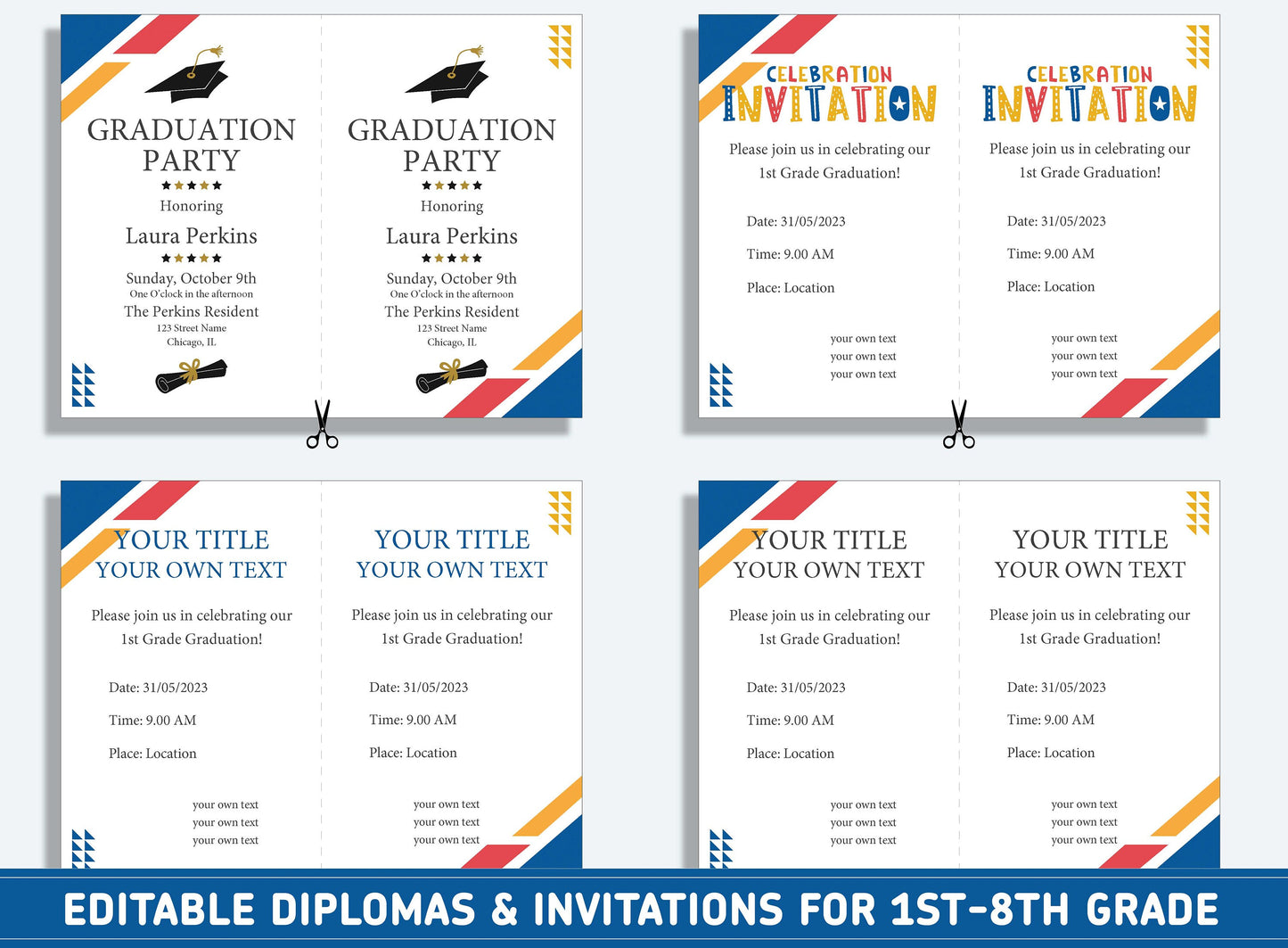 Editable 4th Grade Awards, 1st to 8th Grade Diploma, Certificate of Completion & Invitation, PDF File, Instant Download