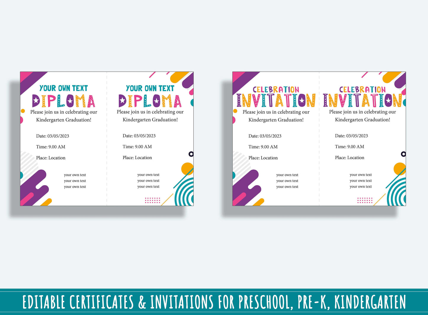 Editable Preschool Completion Certificates, End of the Year Diplomas, and Invitations, PDF File, Instant Download
