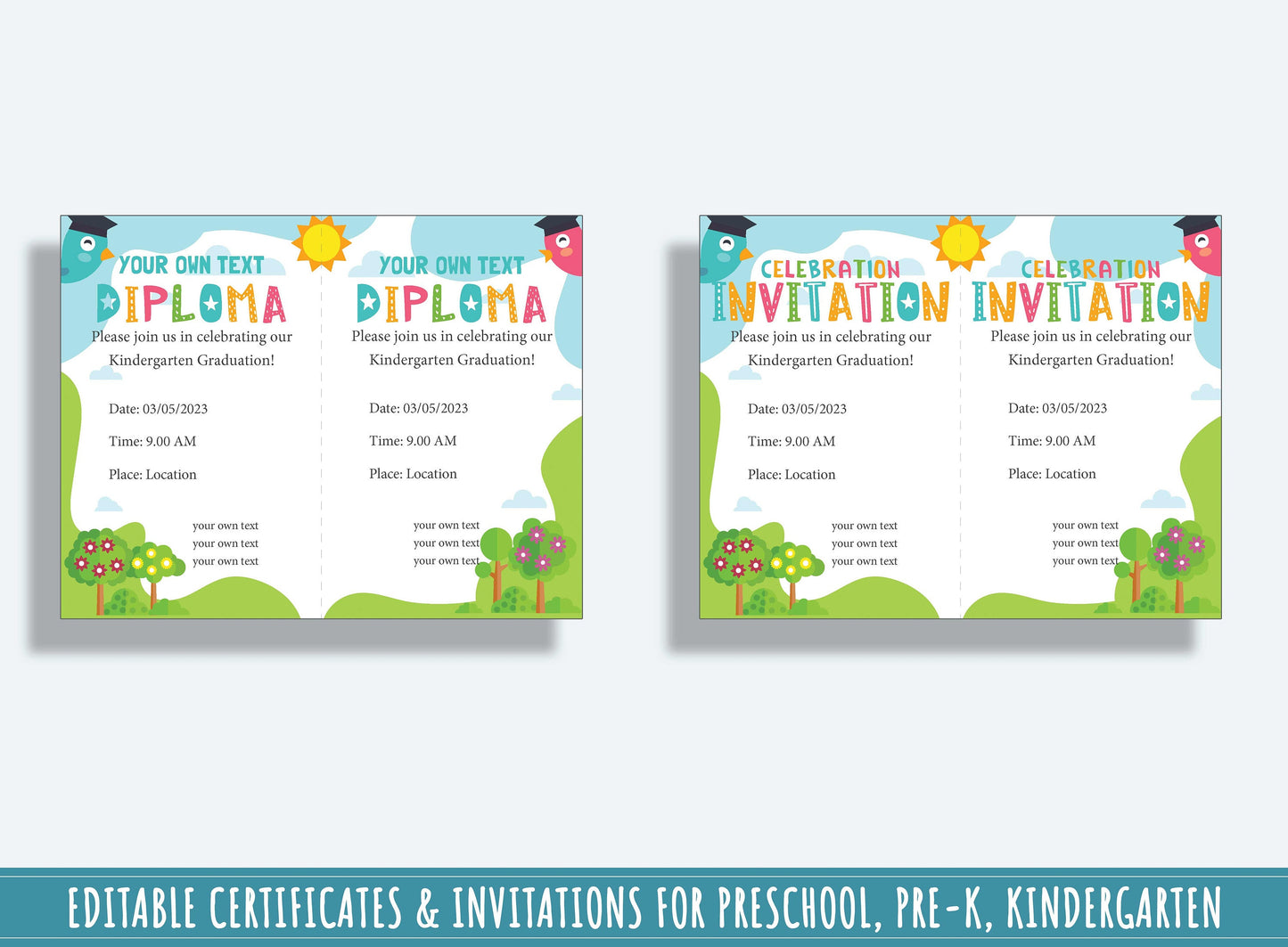 Kindergarten Certificate, Editable Preschool Completion Certificates, End of the Year Diplomas, and Invitations, PDF File, Instant Download