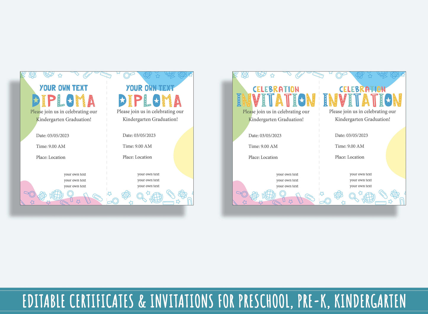 Kindergarten Certificates Completion Diploma and Invitations, Editable, PDF File, Instant Download