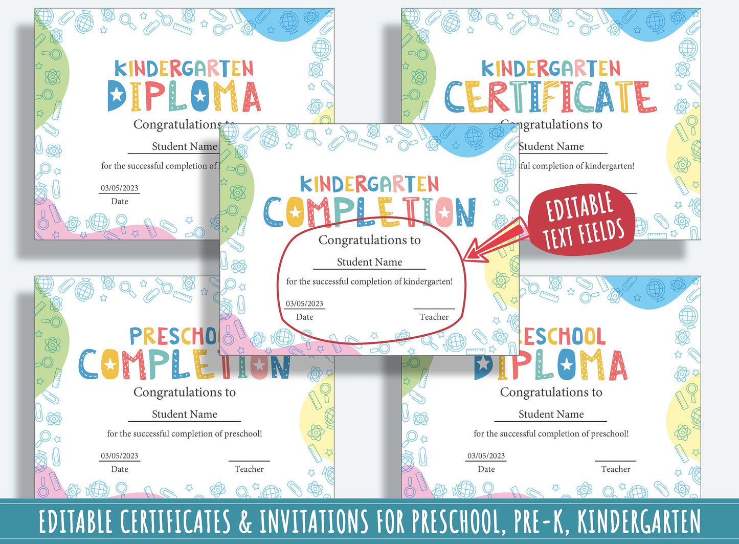 Kindergarten Certificates Completion Diploma and Invitations, Editable, PDF File, Instant Download