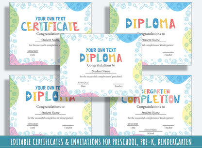 Kindergarten Certificates Completion Diploma and Invitations, Editable, PDF File, Instant Download