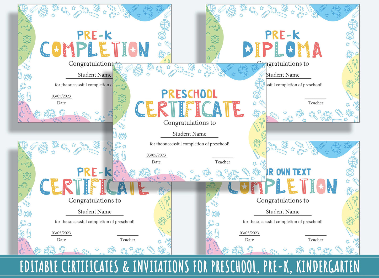Kindergarten Certificates Completion Diploma and Invitations, Editable, PDF File, Instant Download