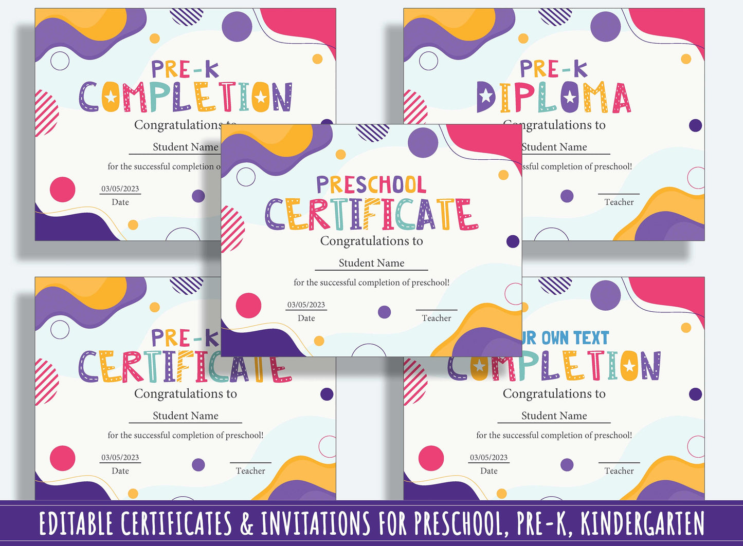 Pre K Graduation Certificate, Kindergarten Certificates Completion Diploma and Invitations, Editable, PDF File, Instant Download