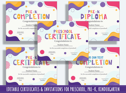 Pre K Graduation Certificate, Kindergarten Certificates Completion Diploma and Invitations, Editable, PDF File, Instant Download