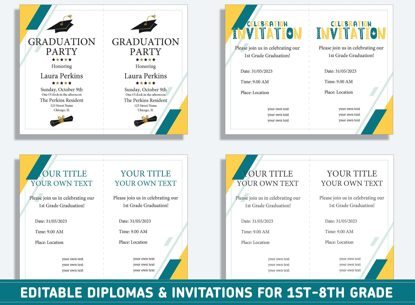 Editable 3rd Grade Graduation, 1st to 8th Grade Diploma, Certificate of Completion & Invitation, PDF File, Instant Download