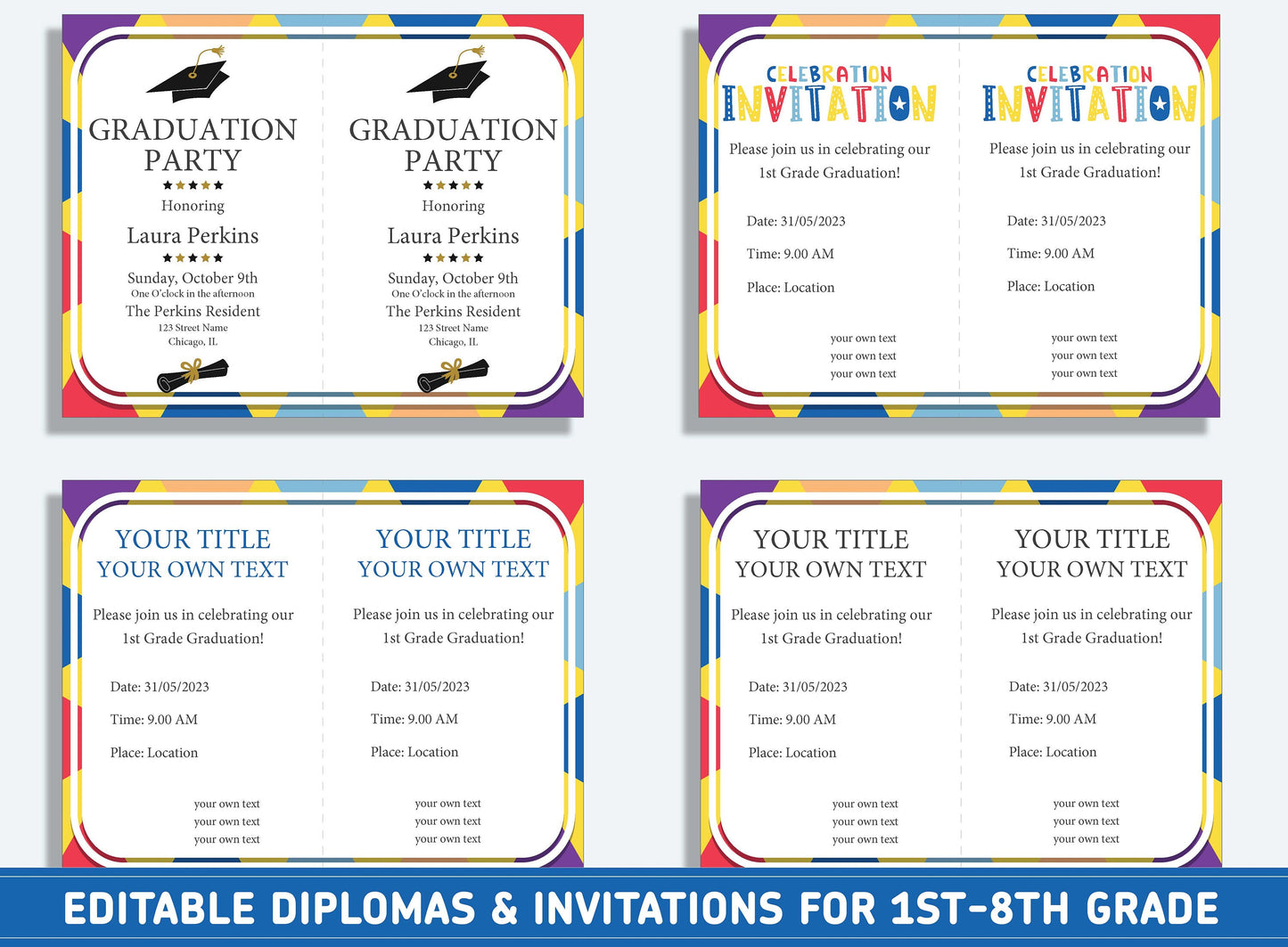Editable 5th Grade Graduation, 1st to 8th Grade Diploma, Certificate of Completion & Invitation, PDF File, Instant Download