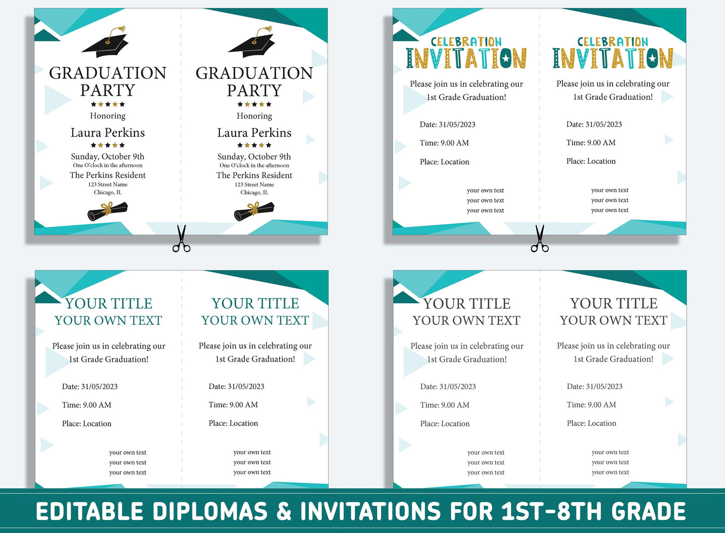 Editable 7th Grade Graduation, 1st to 8th Grade Diploma, Certificate of Completion & Invitation, PDF File, Instant Download