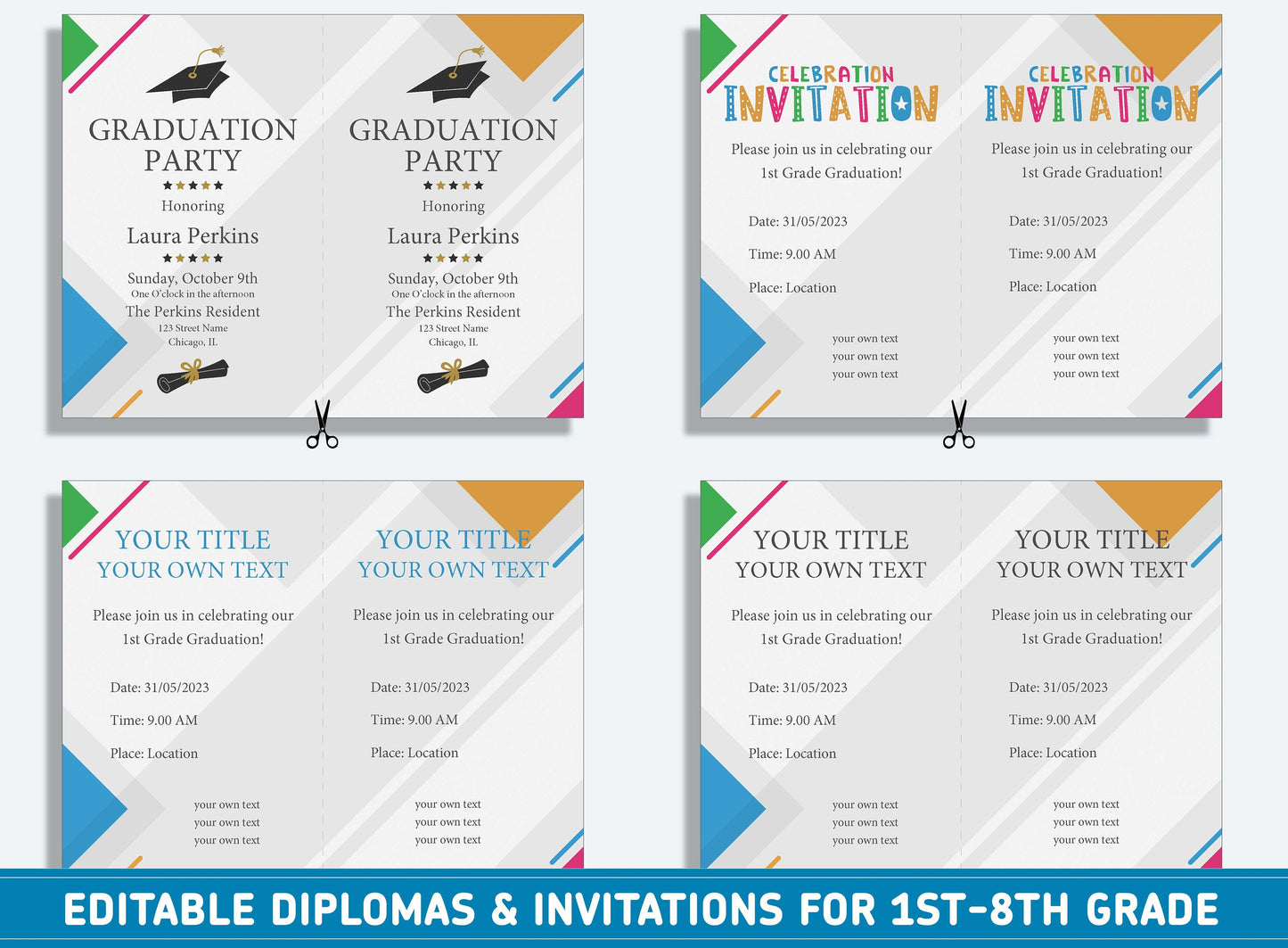 Editable 8th Grade Graduation, 1st to 8th Grade Diploma, Certificate of Completion & Invitation, PDF File, Instant Download