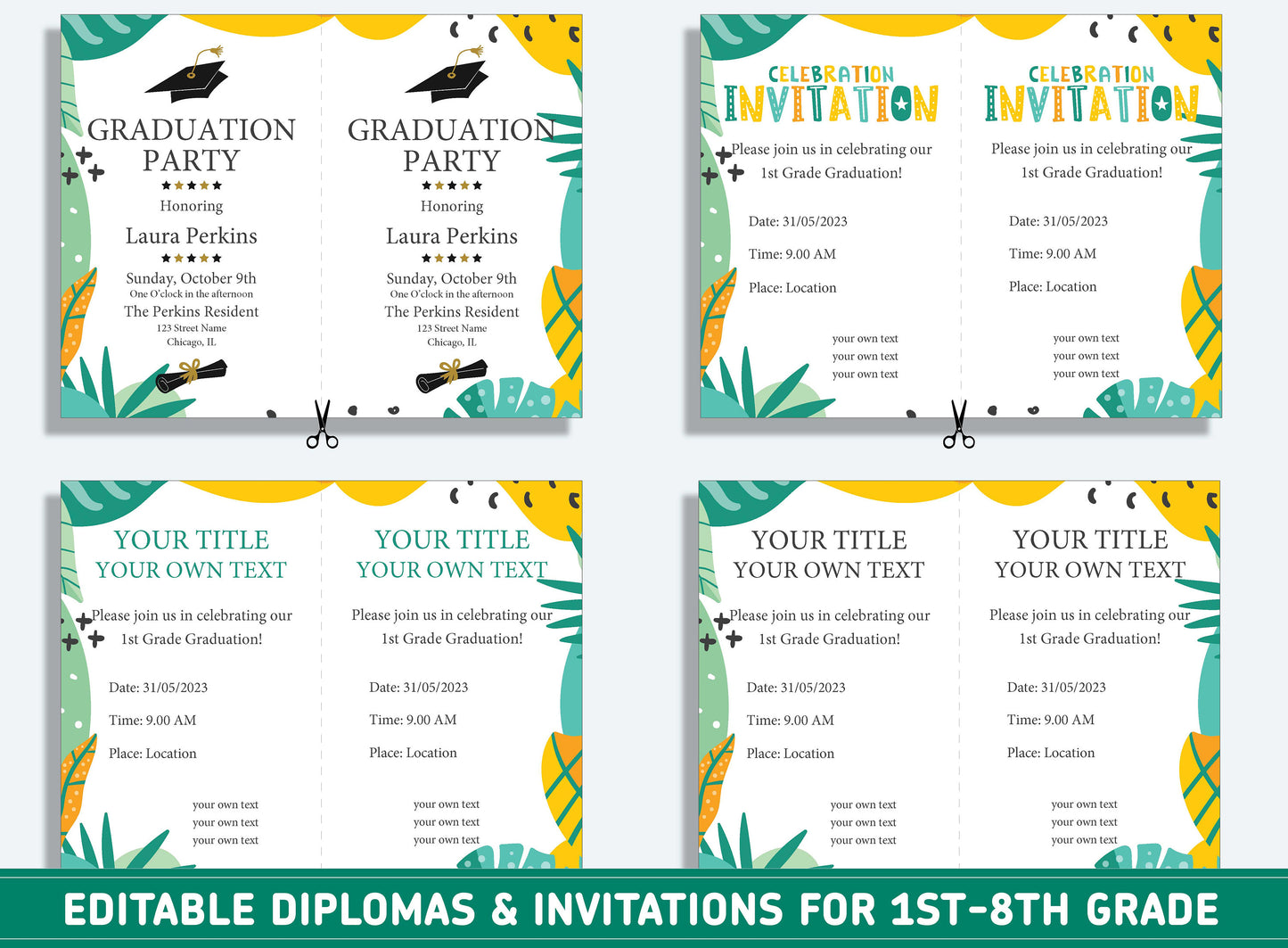Editable 8th Grade Awards, 1st to 8th Grade Diploma, Certificate of Completion & Invitation, PDF File, Instant Download