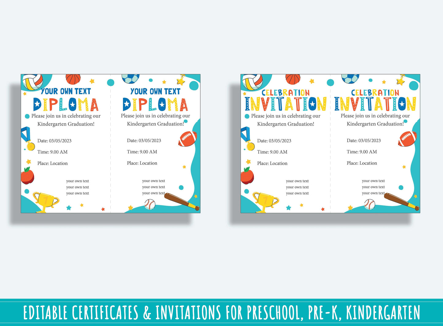 Editable Sports Awards, Completion Certificates, Diplomas, and Invitations for PreK, K - 37 Pages, PDF File, Instant Download