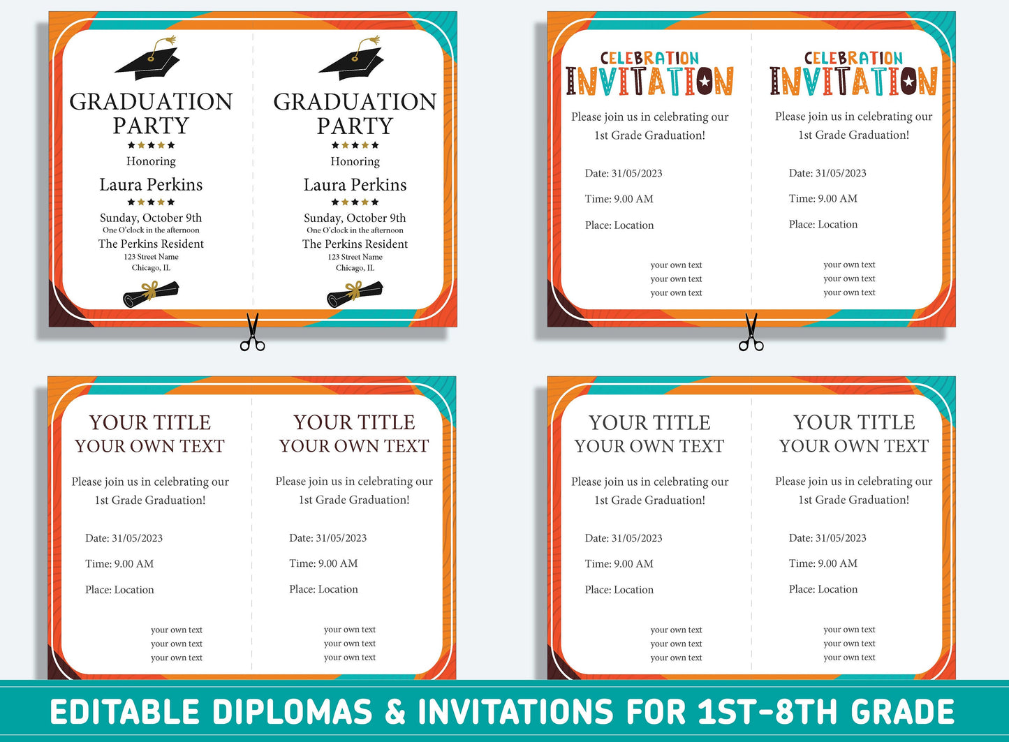 Editable 8th Grade Diploma, 1st to 8th Grade Diploma, Certificate of Completion & Invitation, PDF File, Instant Download