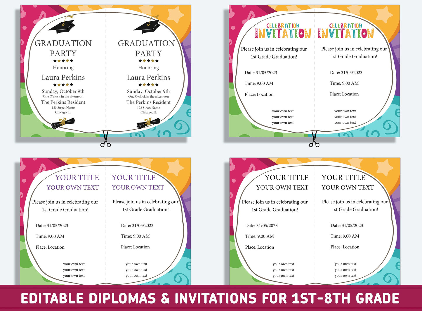 Editable First Grade Award Certificates, 1st to 8th Grade Diploma, Certificate of Completion & Invitation, PDF File, Instant Download