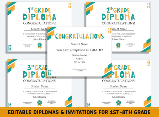Editable First Grade, Second Grade Diploma Certificate of Completion & Invitation, PDF File, Instant Download