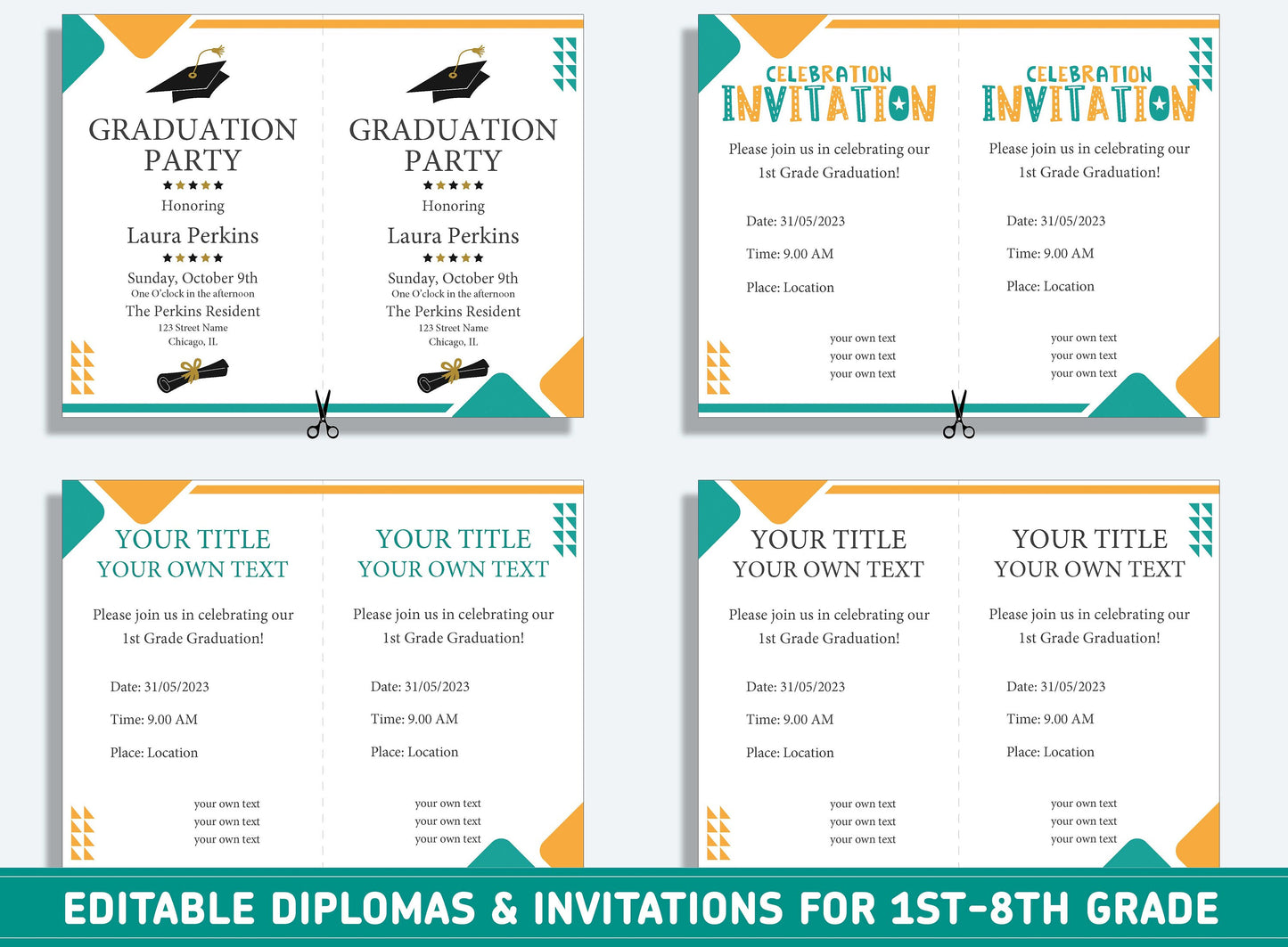 Editable 1st Grade Diploma, Second to 8th Grade Diploma, Certificate of Completion & Invitation, PDF File, Instant Download