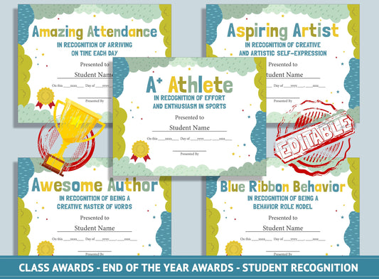 26 Editable Classroom Certificates - End of the Year Awards - Student Recognition, PDF File, Instant Download