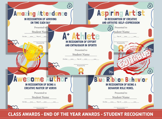 Editable Classroom Certificates - End of the Year Awards - Student Recognition, PDF File, Instant Download