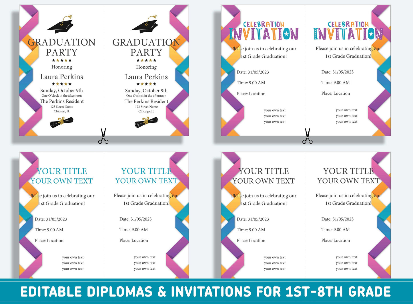 Editable 6th Grade Diploma, 1st to 8th Grade Diploma, Certificate of Completion & Invitation, PDF File, Instant Download
