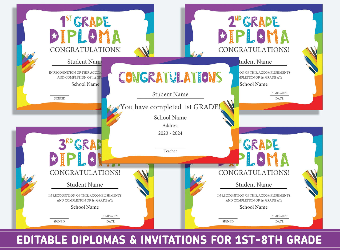 Editable Second Grade Diploma, 1st to 8th Grade Diploma, Certificate of Completion & Invitation, PDF File, Instant Download